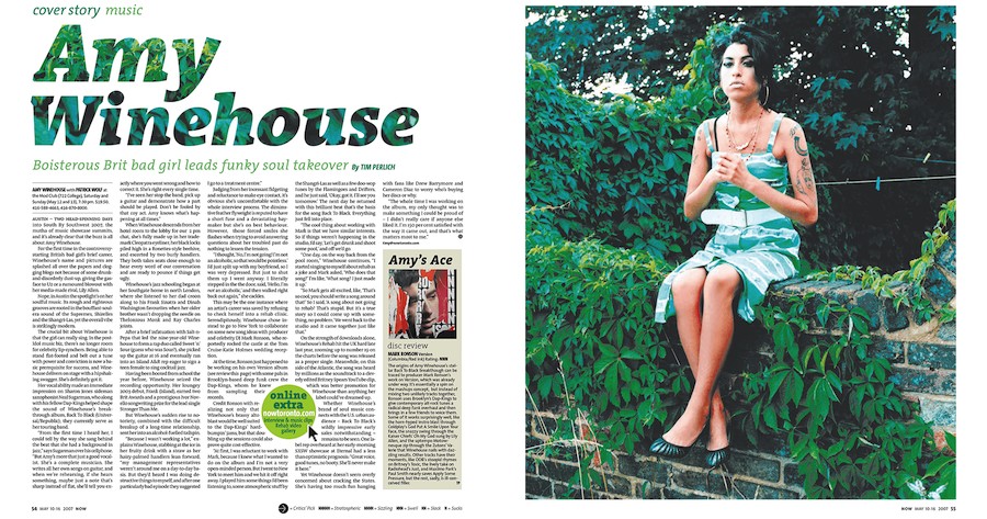 The cover feature spread of NOW Magazine's Amy Winehouse
