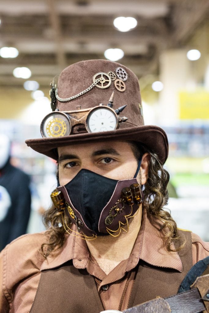 Tony, rocking a sick Steampunk mask. 