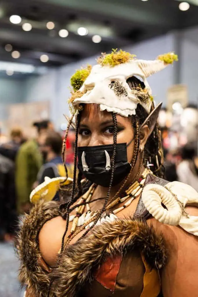 Toula crushes the costume (and skulls) as an Oak from World of Warcraft.
