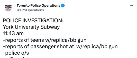 Toronto police investigation at York University Subway station with active police presence and reports of gunfire.