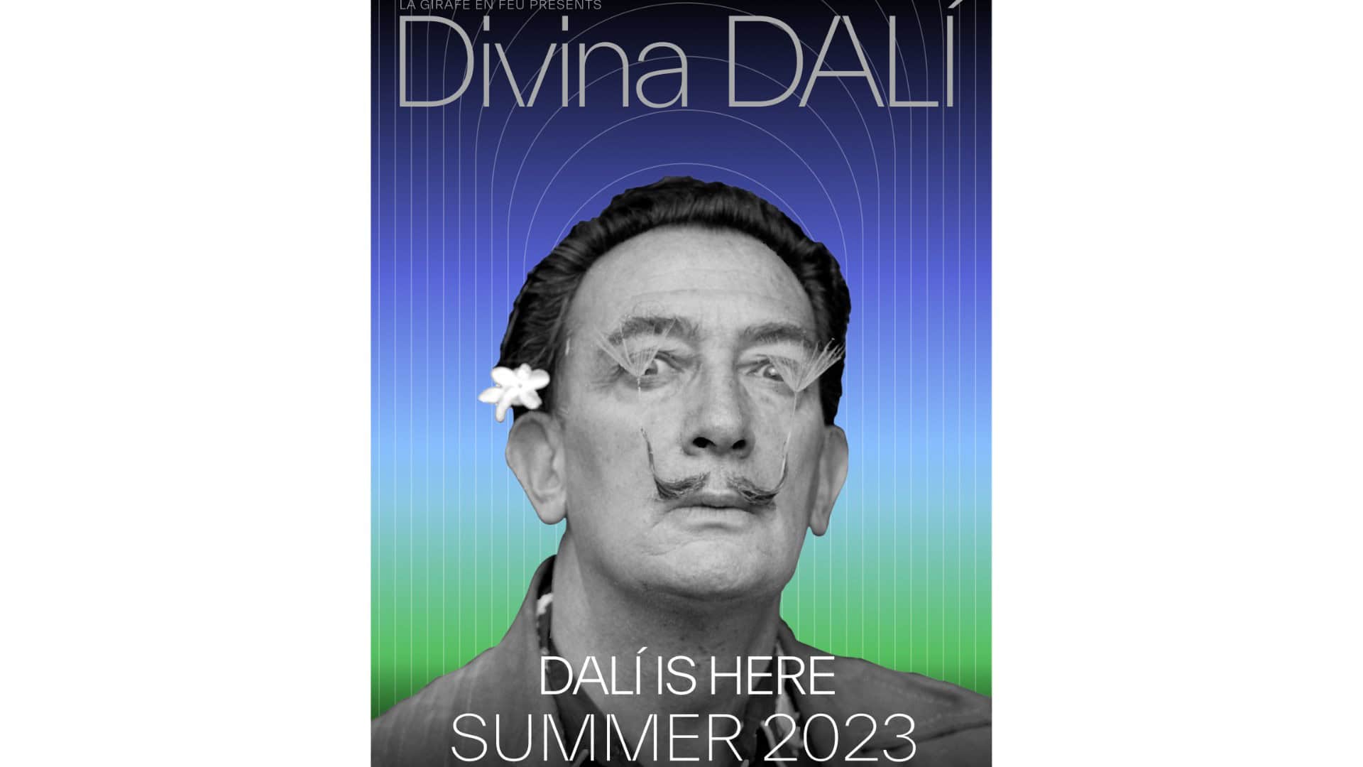 Colorful poster featuring a stylized portrait of Salvador Dalí with floral and surrealist elements, promoting a summer 2023 art exhibition in Toronto.