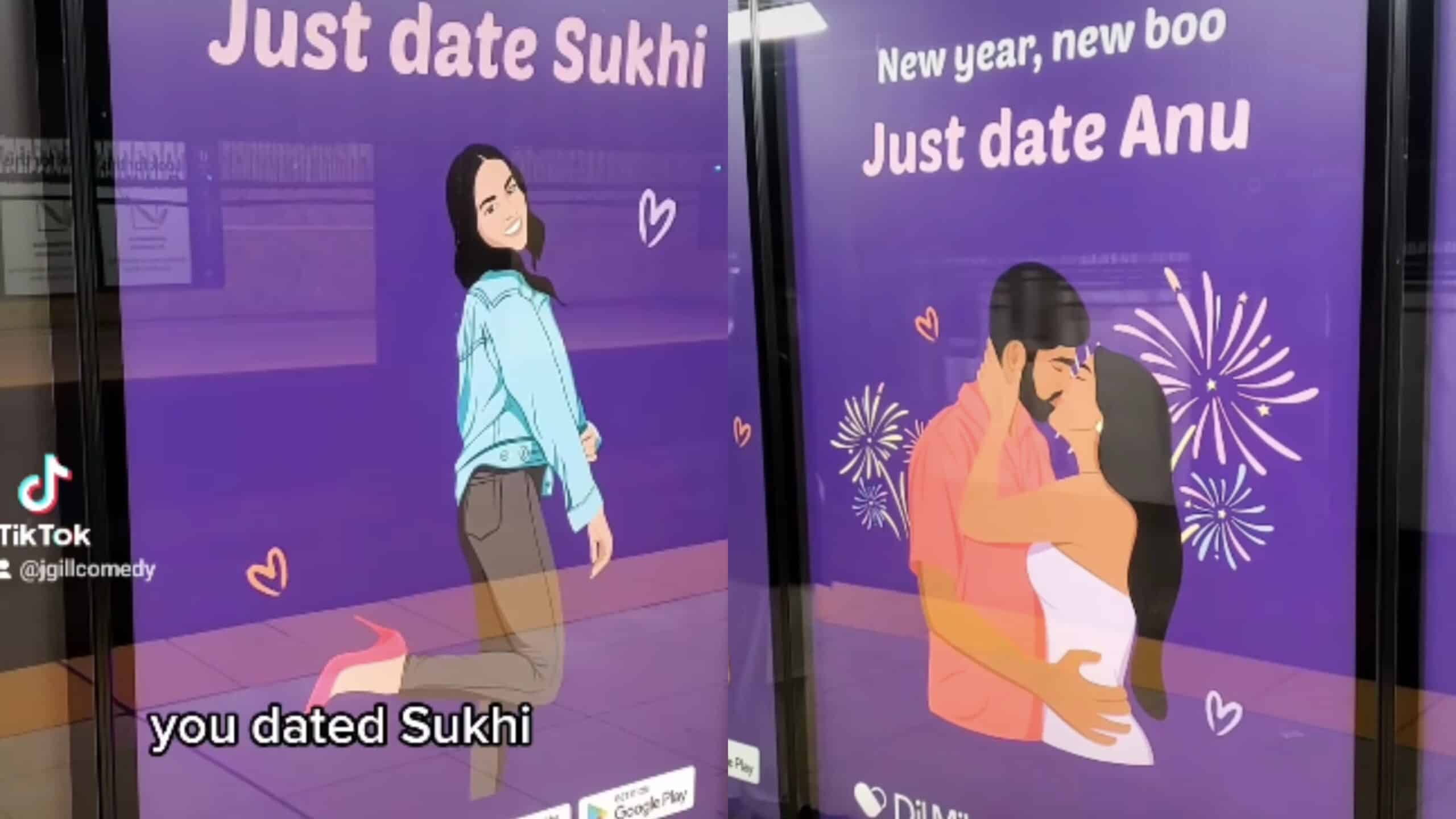 Kawaii animated billboard with romantic couple celebrating New Year, colourful fireworks, and love-themed illustrations in Toronto.