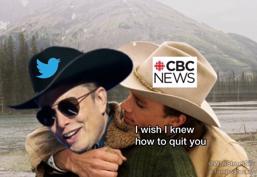 Twitter_logo_on_cowboy_hat, A humorous meme combining Canada's CBC News logo with Twitter logo, featuring two people embracing outdoors, with one wearing a cowboy hat, highlighting news and social media themes, suitable for entertainment and media content.