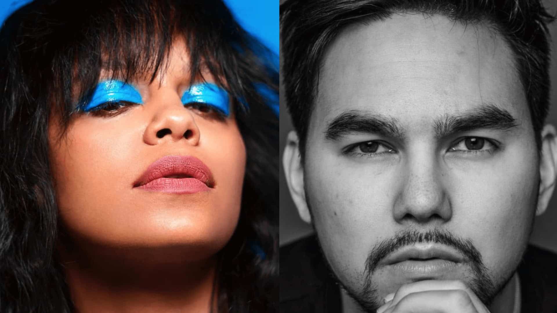 Vivid portrait of a woman with bold blue makeup and a man with an intense gaze, emphasizing fashion, beauty, and diverse artistic expression in Toronto-based photography.