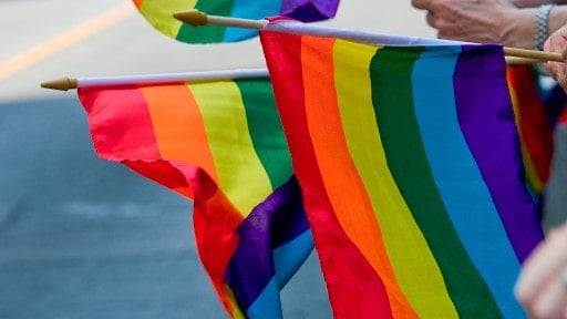 Vibrant rainbow pride flags waving at a Toronto pride event, symbolizing LGBTQ+ pride and equality in Canada.