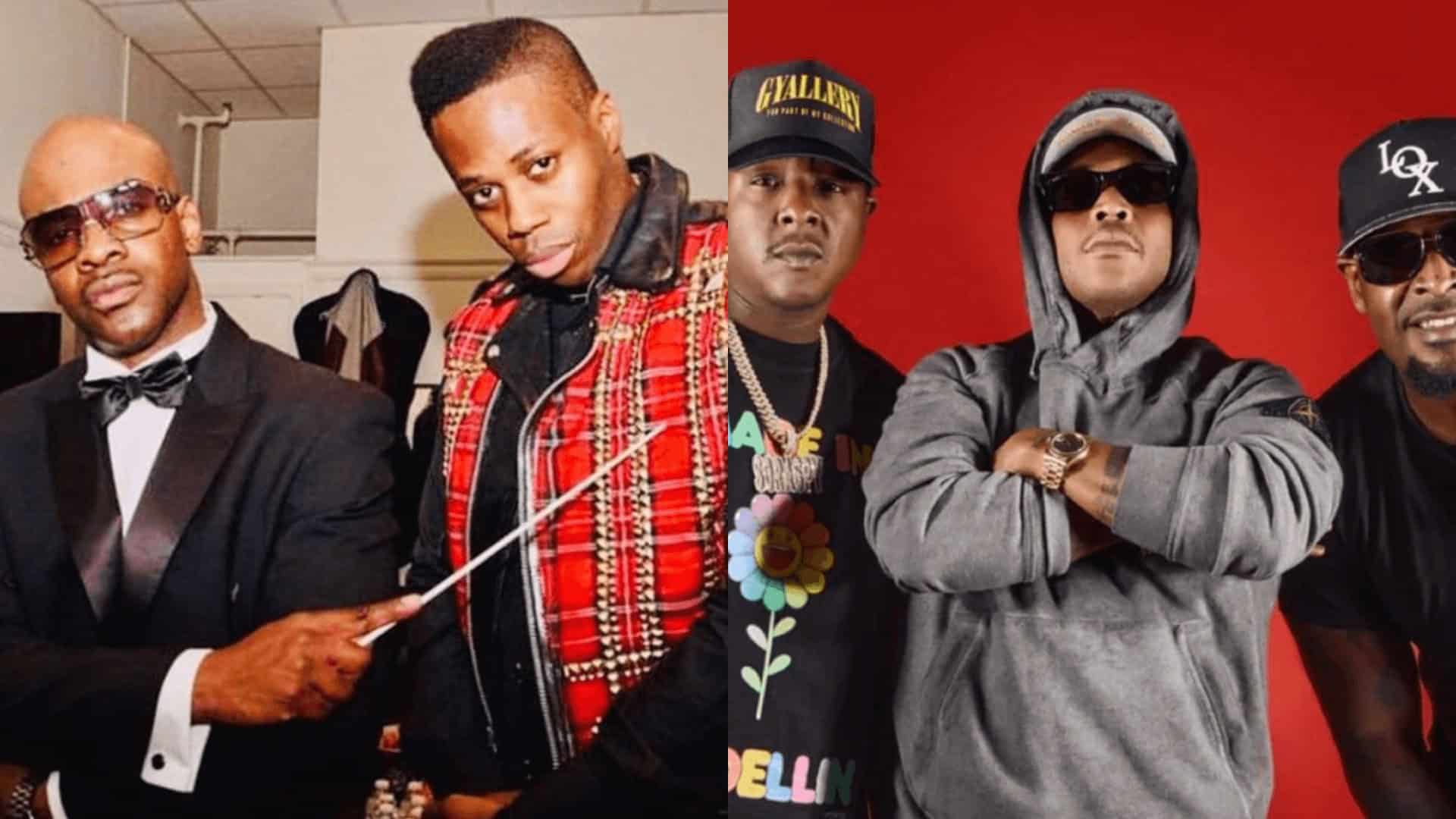 Stylish hip-hop artists wearing sunglasses and streetwear, performing at a music event in Toronto, showcasing urban culture and musical talent.