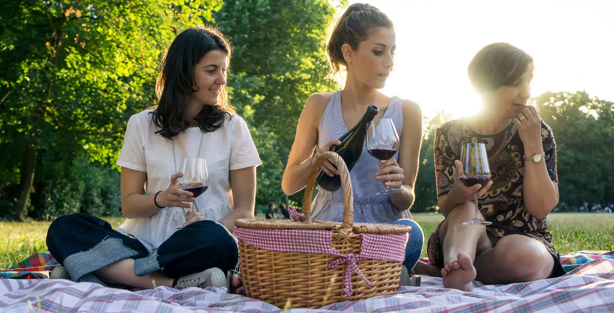 Beautiful women enjoying a wine picnic outdoors in a park, surrounded by lush green trees, during sunset, capturing a relaxing summer day in Toronto.