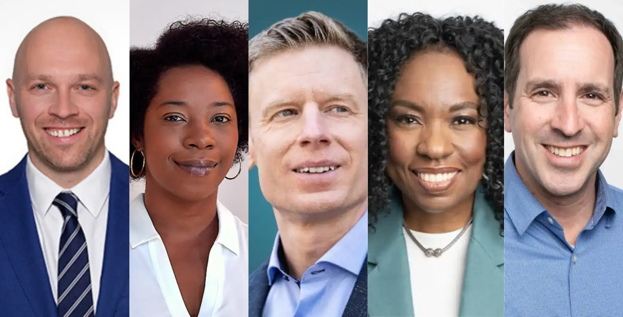 Diverse group of professionals smiling, representing Toronto's dynamic workforce and inclusive community, in a professional headshot for NOW Toronto articles.