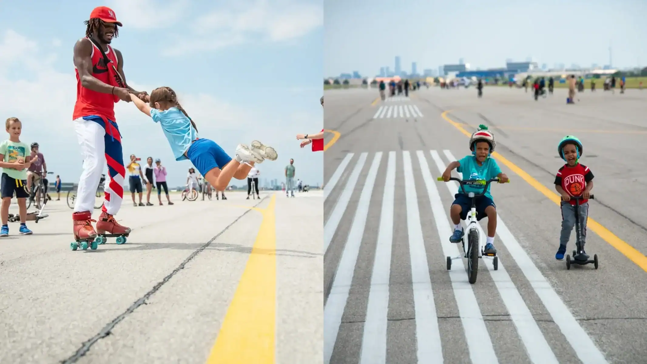 Kids enjoying outdoor activities at Toronto park with skateboarding, biking, and scooters on a sunny day. Families and children engaging in recreational fun in a spacious urban setting.