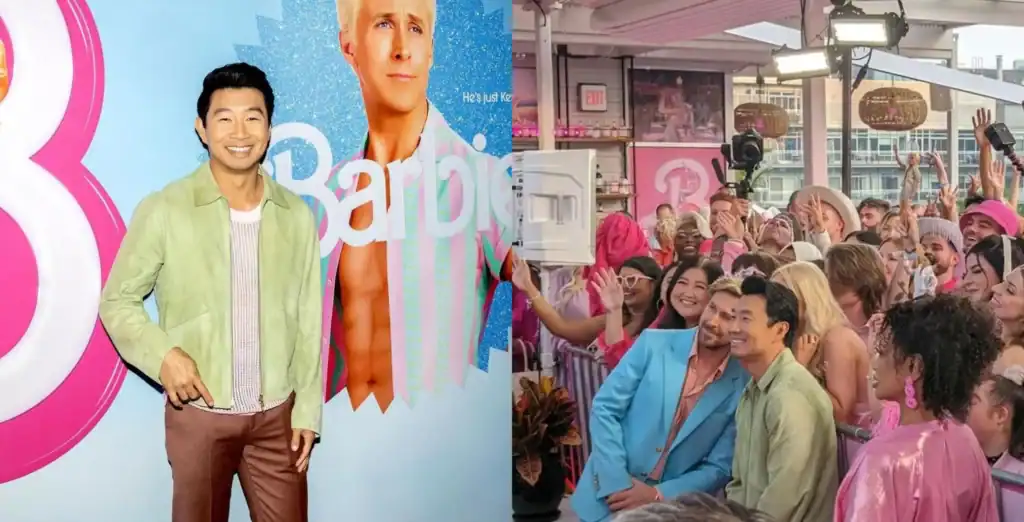 Colorful promotional event featuring cast members of "Barbie" movie, showcasing vibrant pink and pastel costumes, lively crowd, and entertainment in Toronto.