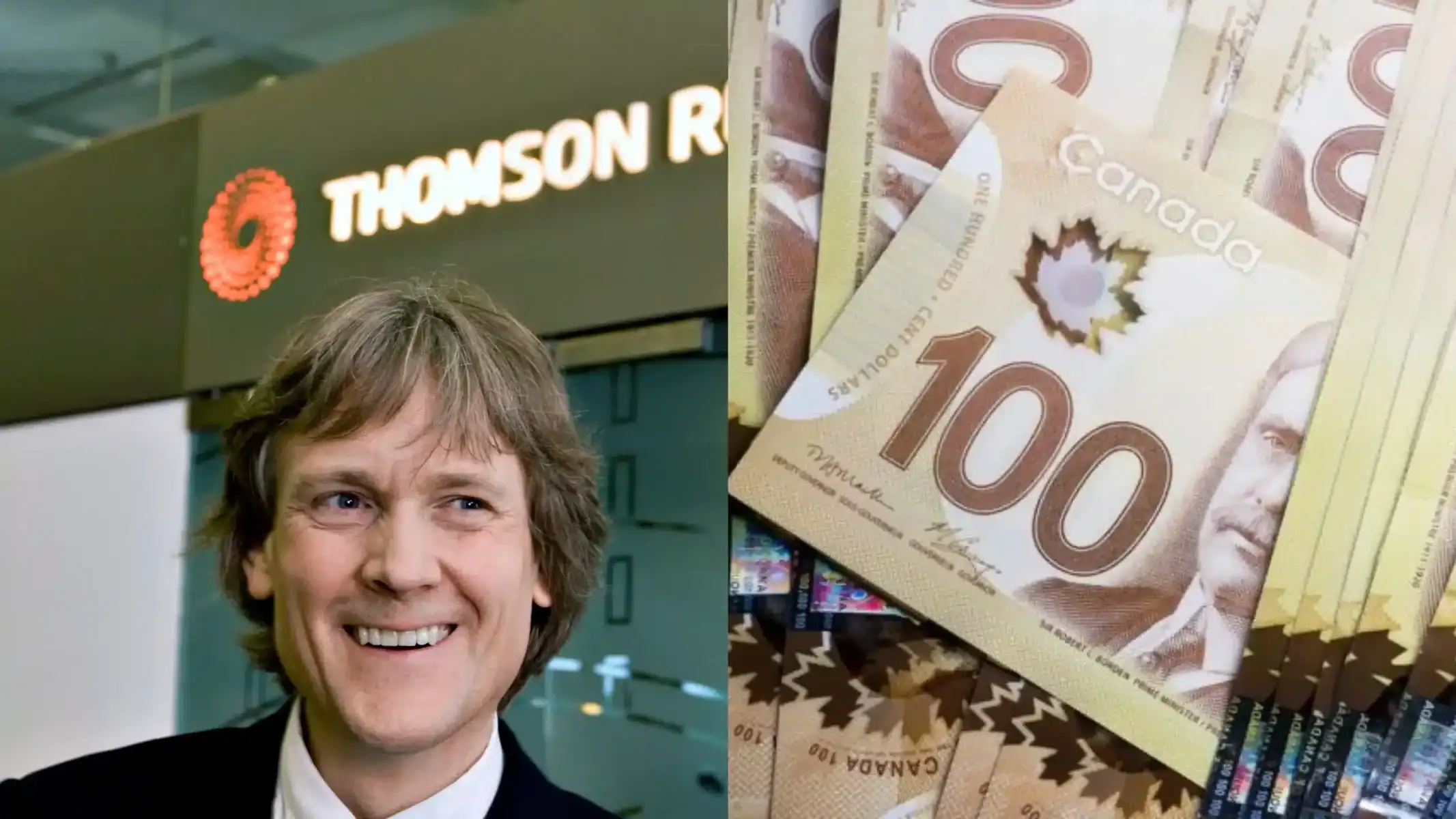 Thomson Reuters office with smiling professional businessman and Canadian 100 dollar bills spread out on a table.