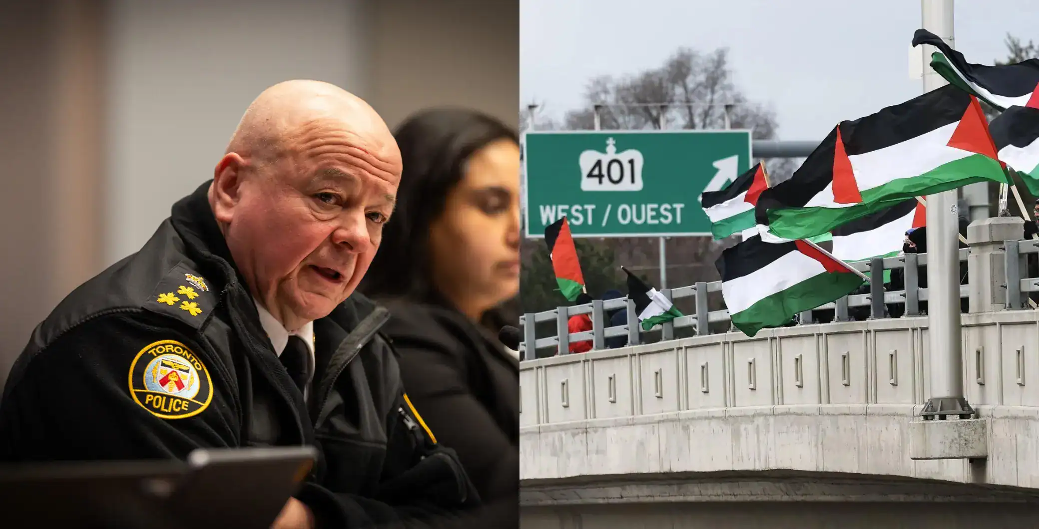 Police officer speaking at a meeting with people, with Toronto Police badge visible, and a highway sign with Palestinian flags on a bridge in the background, in Toronto.