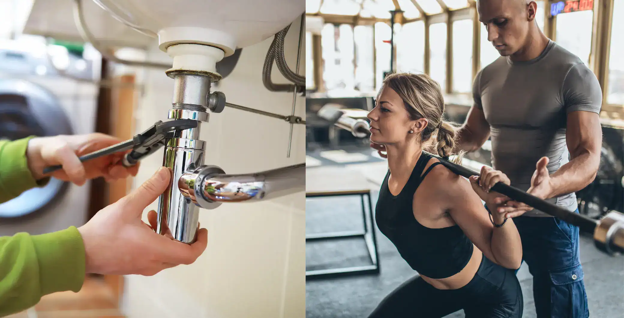 Image of a person fixing a sink faucet in a home, and a woman doing back squats with a trainer in a gym, representing domestic repairs and fitness training in Toronto.