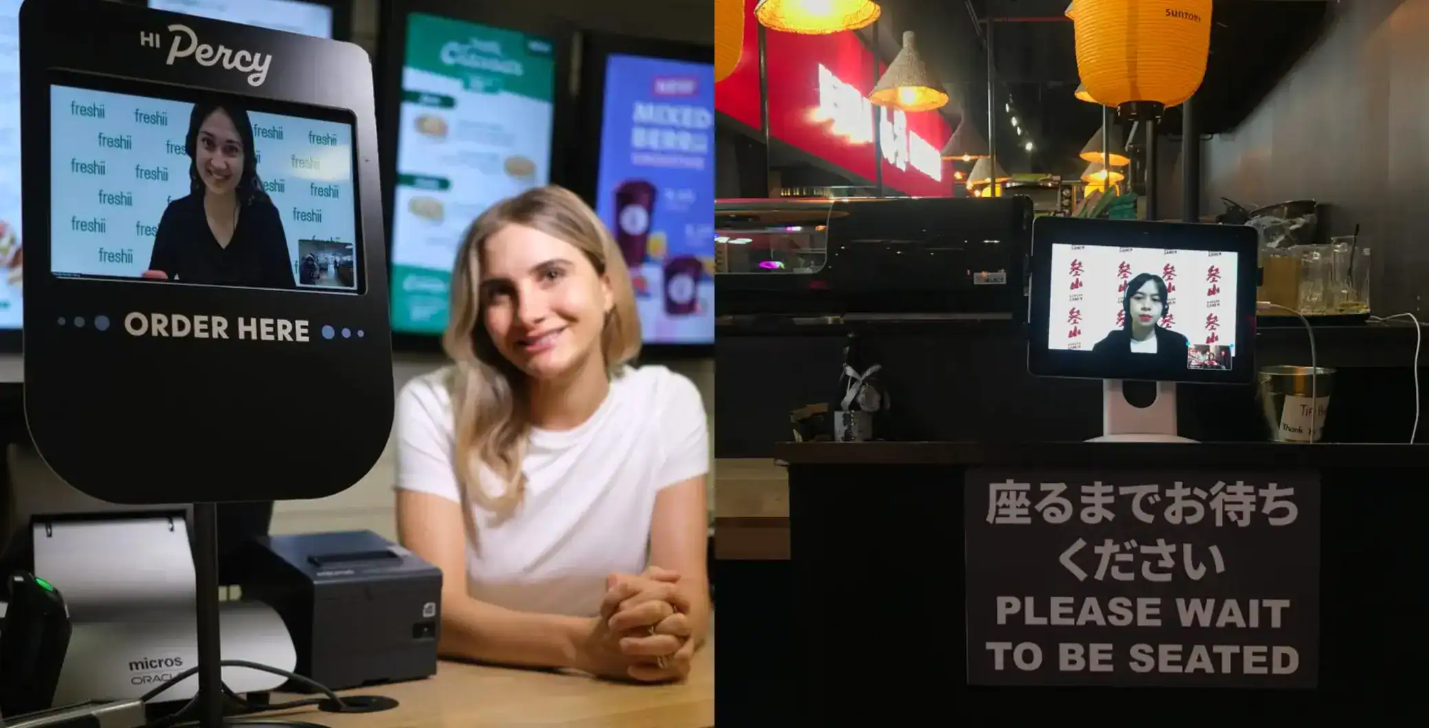 Customer ordering at restaurant self-service kiosk in Toronto, vibrant dining scene with digital menu screens and seating waitlist sign, modern food court ambiance in Ontario.