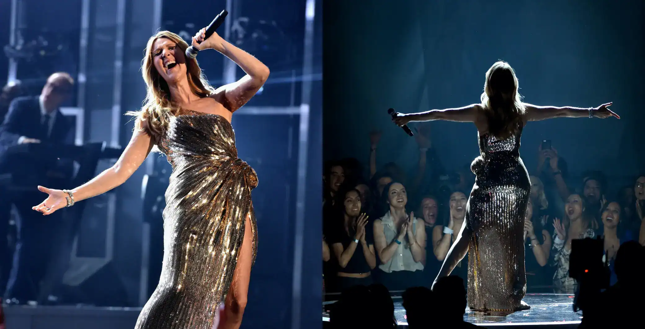 Shining female singer in a glamorous gold dress performing on stage with enthusiastic audience in the background.