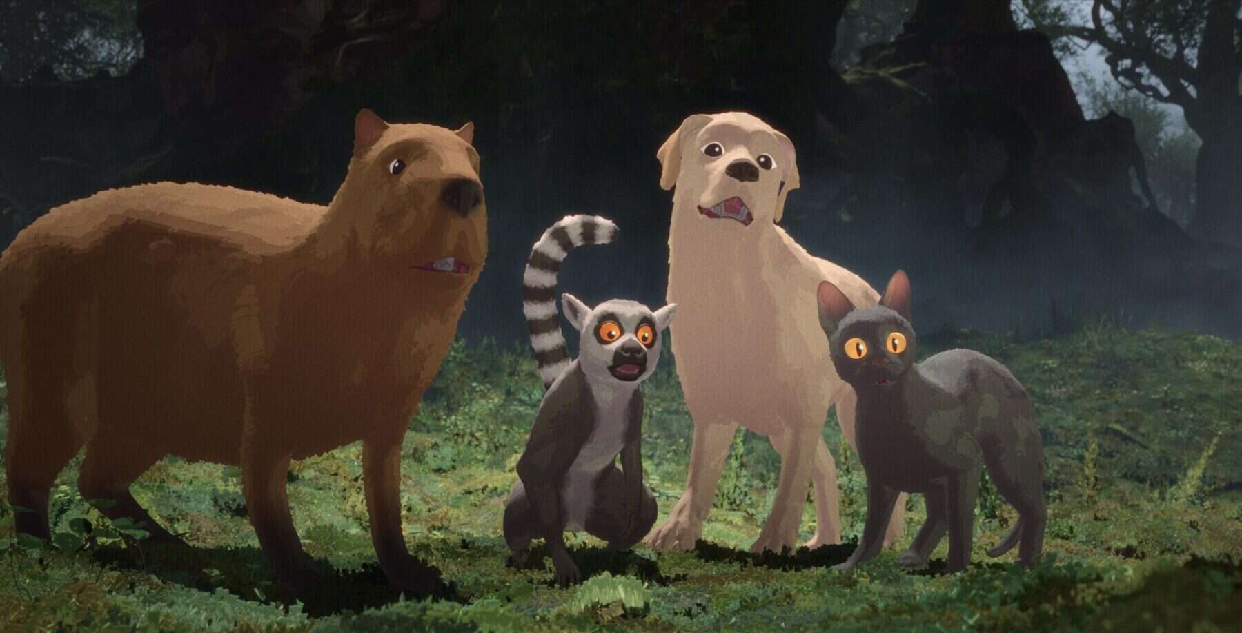Wildlife illustration of a bear, dog, lemur, and two cats in a forest setting for Toronto arts and entertainment.