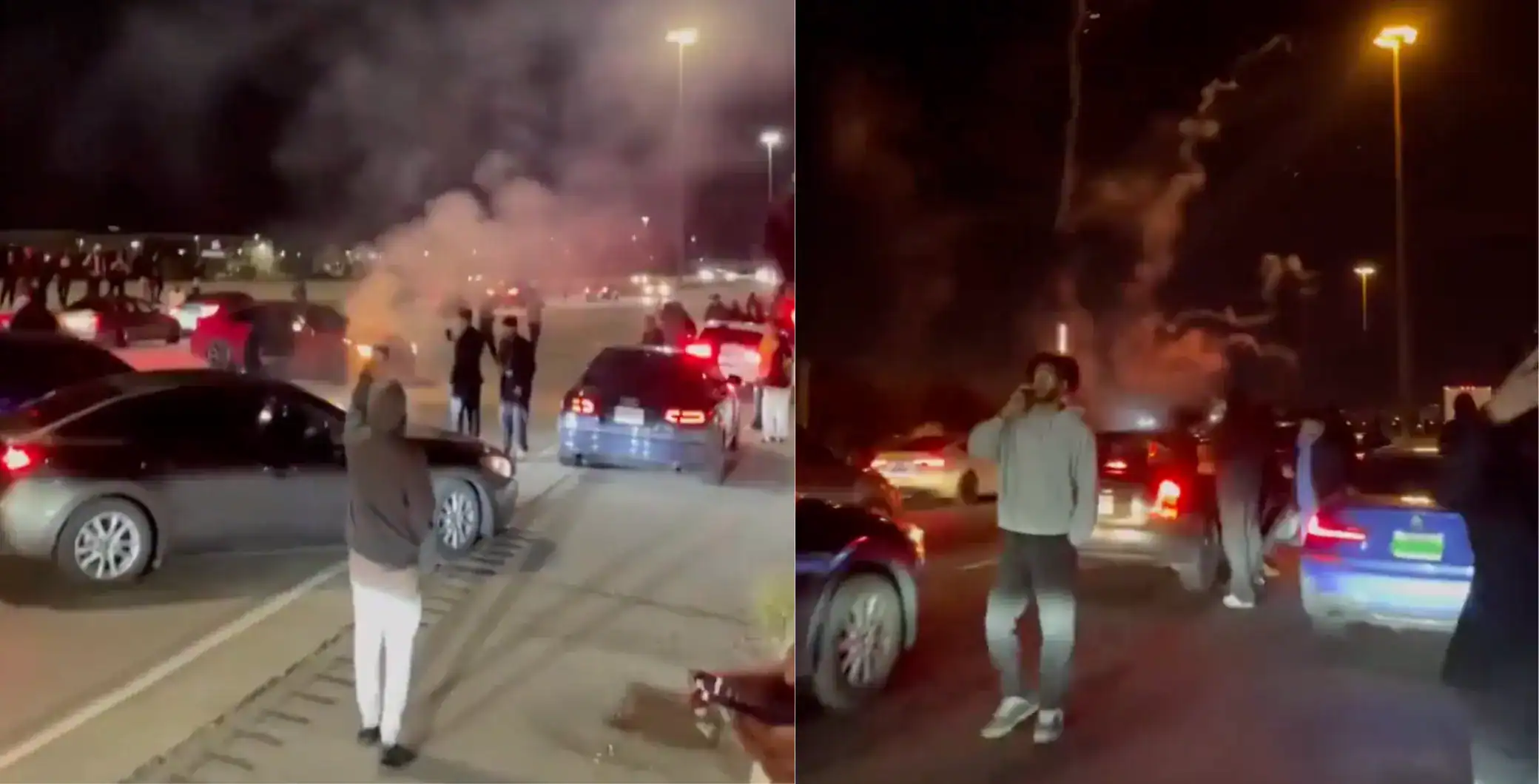 - Smoke and chaos at night in a Toronto parking lot, affected by a possible incident or fire.