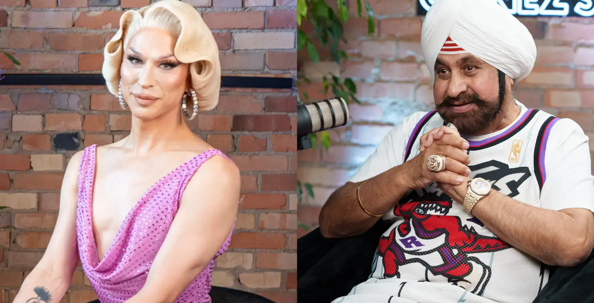 Blonde woman in pink dress with brick wall background, and man in turban with microphone, both in interview setting, focus on Canadian podcast culture and diverse Toronto entertainment scene.