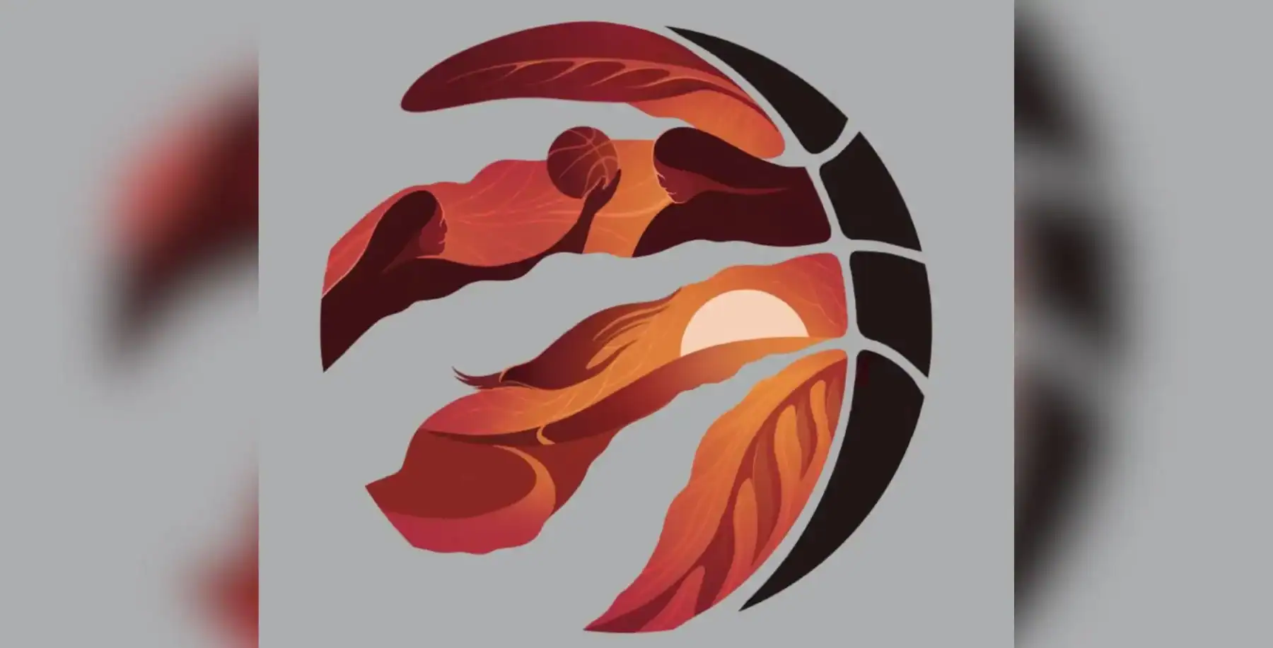 Abstract art of two women playing basketball against a sunset background in warm tones, representing Toronto lifestyle and sports culture.