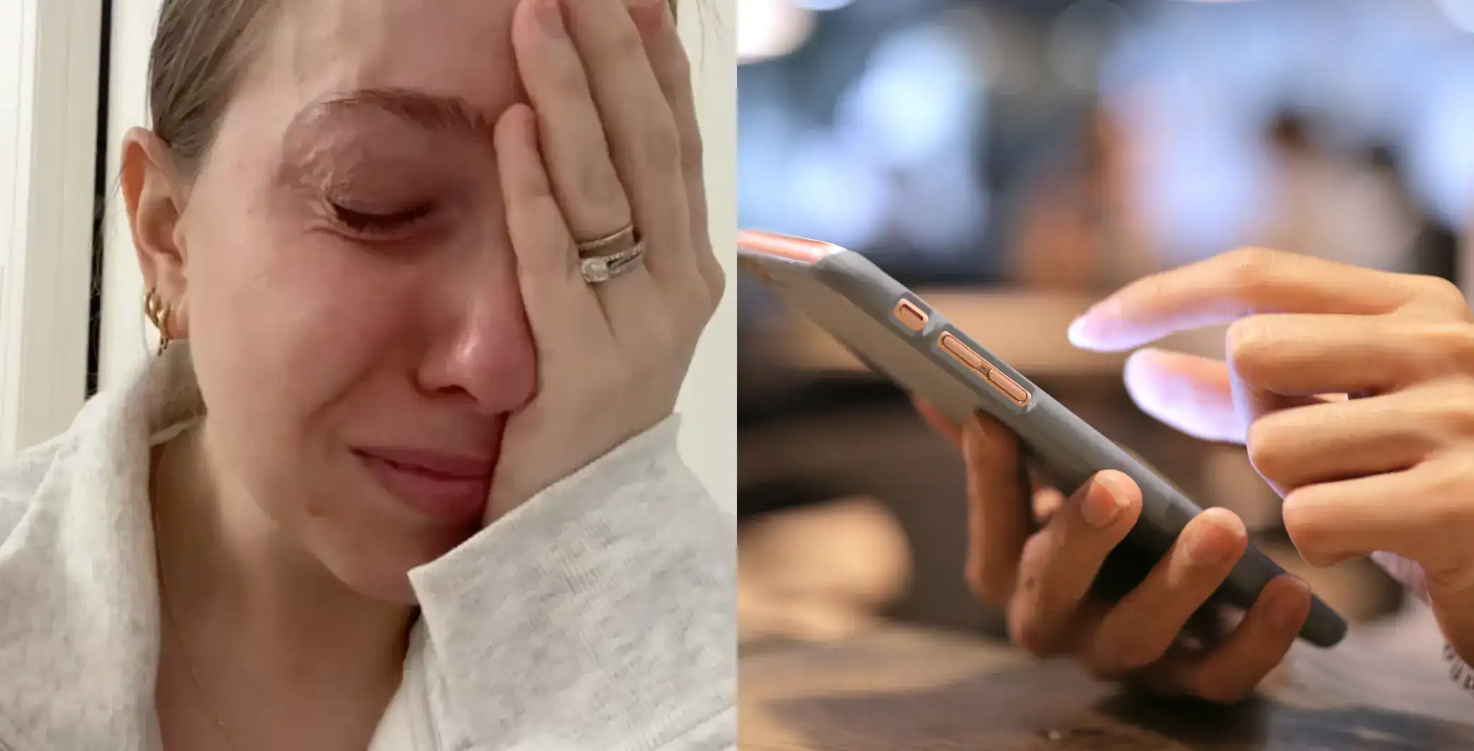 Young woman crying and holding her face in distress, close-up, emotional moment awareness.