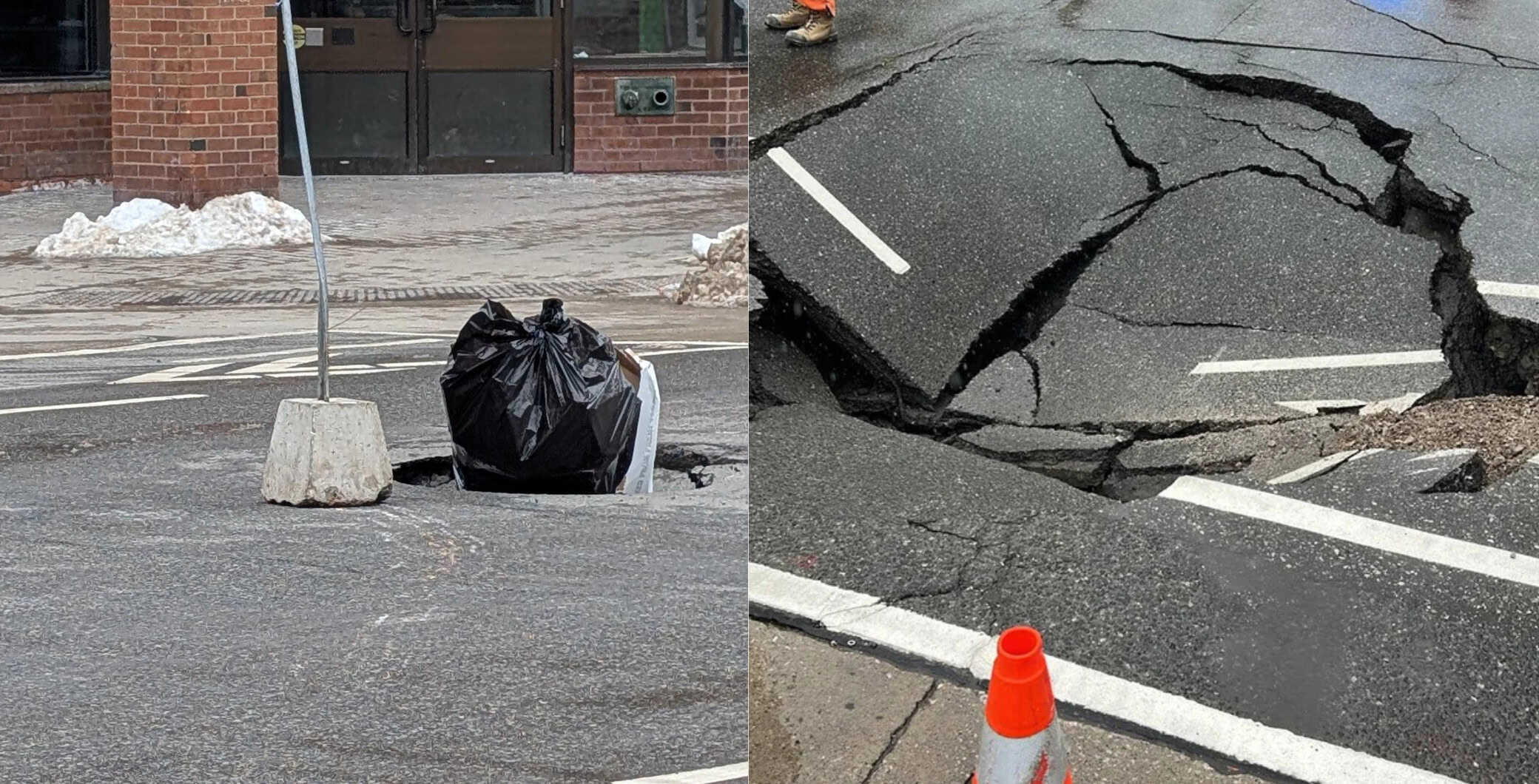 Damaged asphalt with a sinkhole and cracked pavement on a city street in Toronto, showing road damage and road safety hazards.
