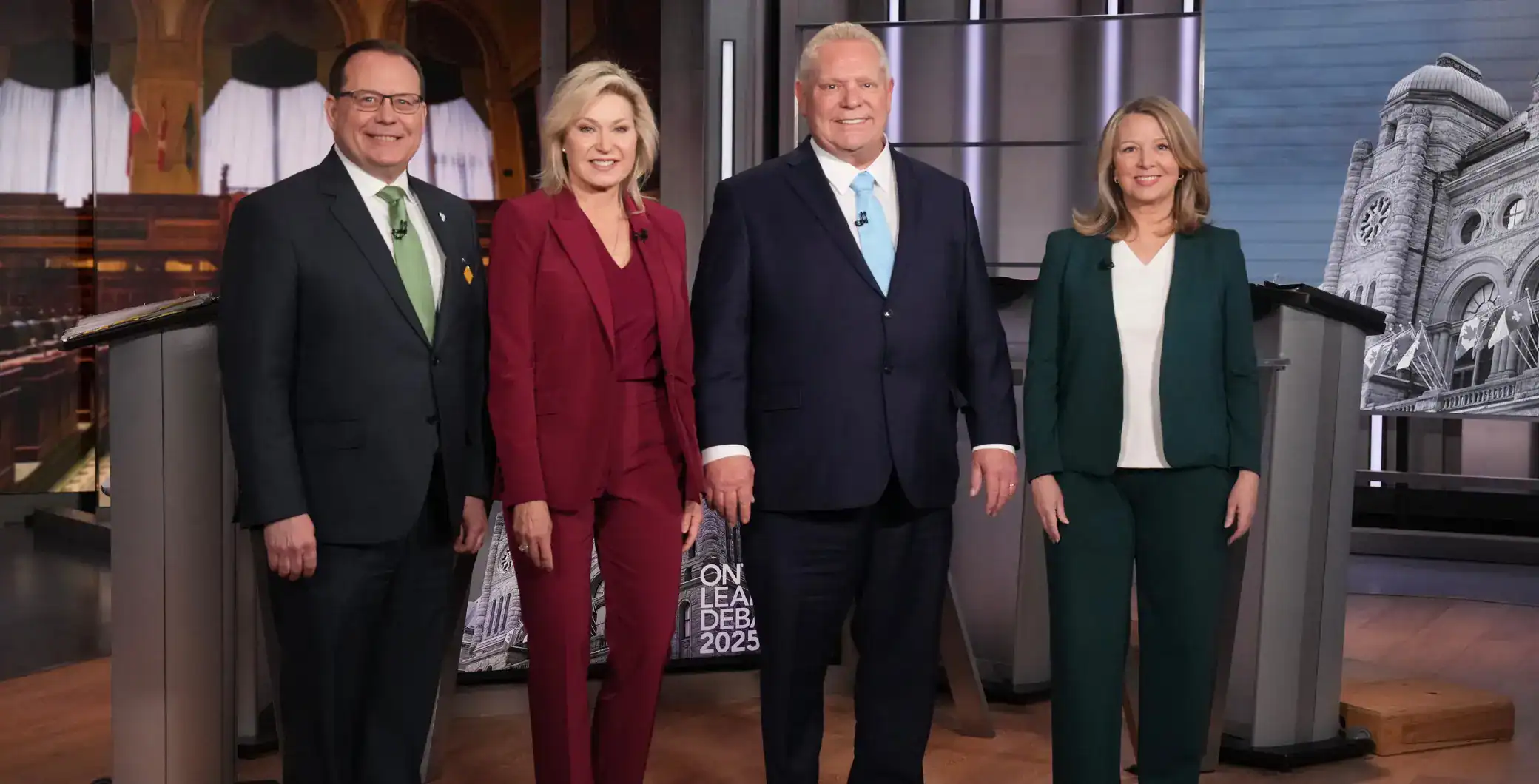 Toronto political debate panel on stage at NOW Toronto event, discussing key issues and politicians, in a professional studio setting.