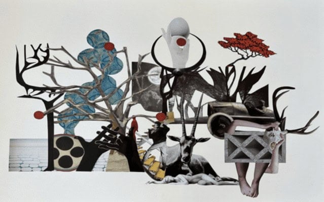 Vibrant collage art featuring abstract trees, animal motifs, and mixed media elements in a contemporary Toronto art scene.
