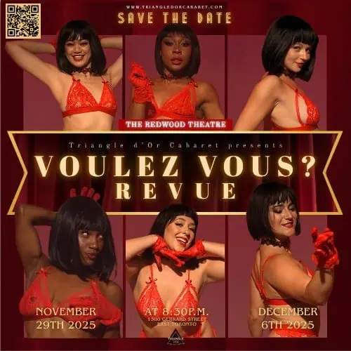 Vouz Vous Revue promotional poster featuring diverse women in red lingerie at Redwood Theatre, Toronto, event dates November 29 and December 6, 2025, for Triangle d’or Cabaret entertainment.