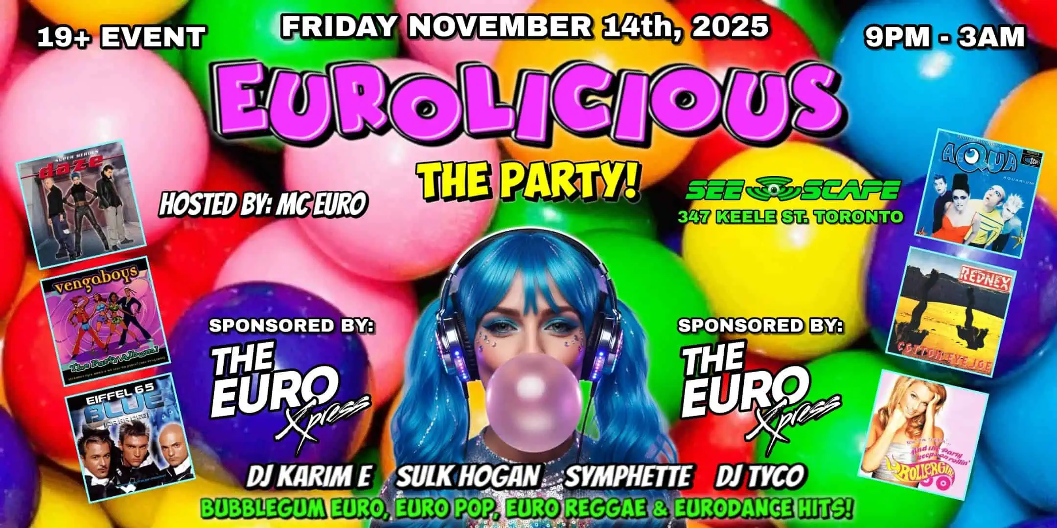 Vibrant image of a colorful promotional poster for a Eurolicious party event in Toronto, featuring DJs, animated graphics, and event details.