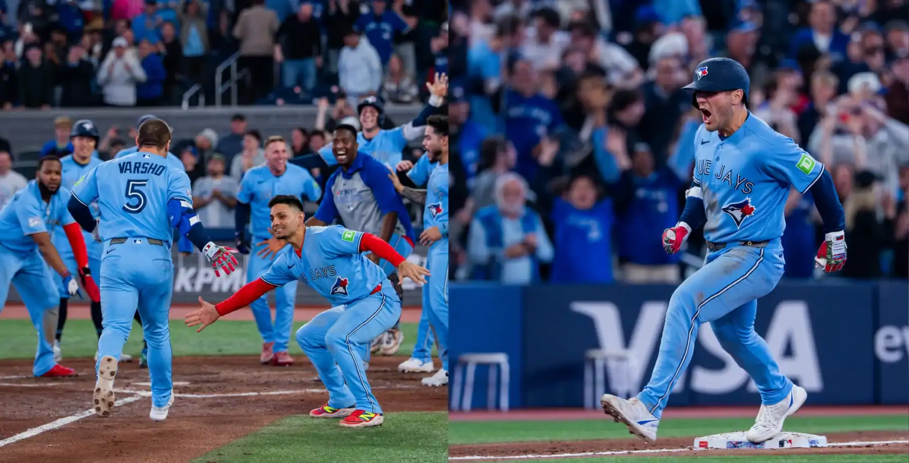 A dynamic image of Toronto Blue Jays players celebrating a successful play on the baseball field, capturing team spirit and excitement during a game.