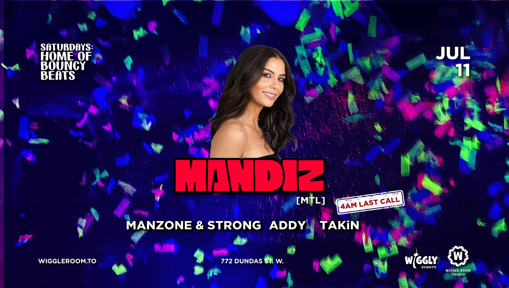 Female DJ Mandiz performing at Wiggleroom Toronto's summer party, surrounded by colorful confetti and vibrant lights, promoting a lively music event on July 11.