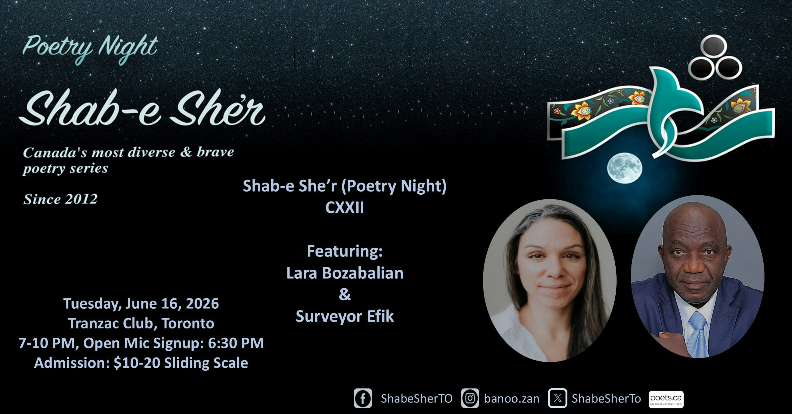 An image promoting Poetry Night at Shab-e Sher, featuring Lara Bozabalian and Survey Efik, with event details including date, location, and time in Toronto.