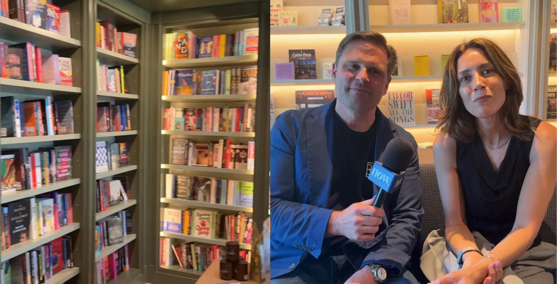 Two people sitting in a bookstore with shelves of books behind them, one holding a microphone, in Toronto.