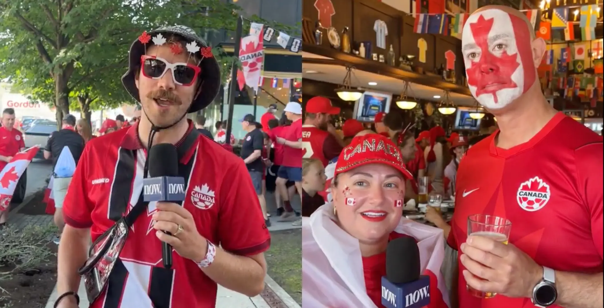 Fans celebrating at a Vancouver outdoor event during the Qatar vs. Canada match, showcasing Canadian pride with face paint, flags, and team apparel.