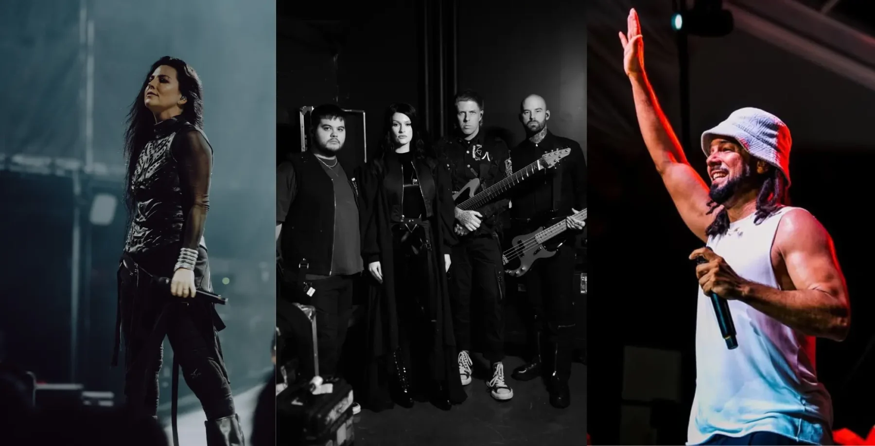 Live concert images featuring a female singer, a band with guitarists, and a male performer with a microphone in Toronto.