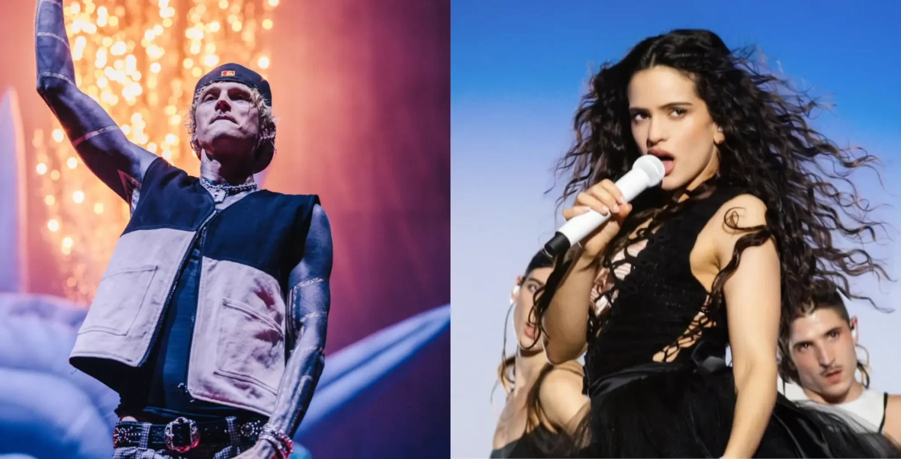 A vibrant concert scene featuring a male performer with tattoos singing passionately on stage, and a female singer with curly hair holding a microphone, both engaging the audience at a live music even.