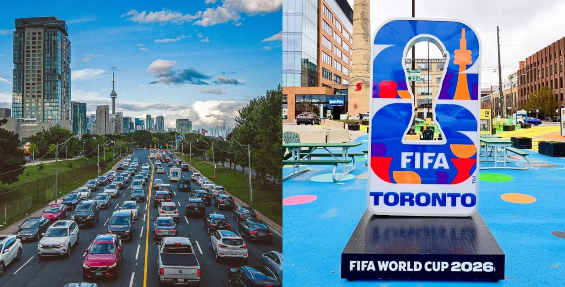 A busy Toronto street with traffic and city skyline, featuring a FIFA World Cup 2026 display, highlighting Toronto's urban environment and sports event presence.