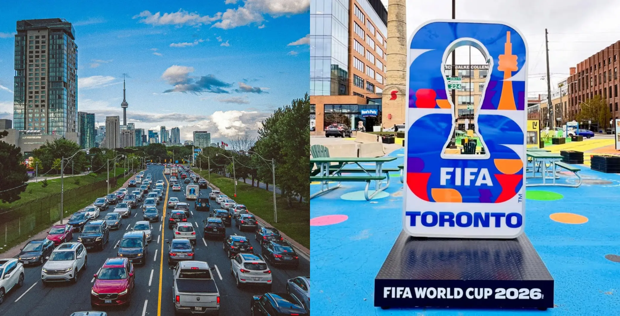 A busy Toronto street with traffic and city skyline, featuring a FIFA World Cup 2026 display, highlighting Toronto's urban environment and sports event presence.