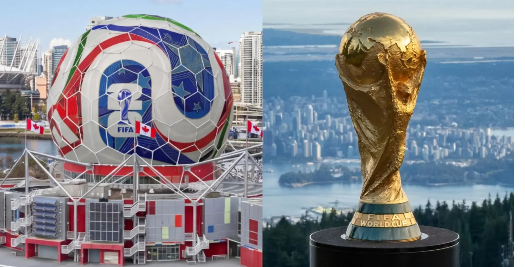 FIFA World Cup Qatar 2022 logo on a stadium with Toronto skyline and the FIFA World Cup trophy against a cityscape background.