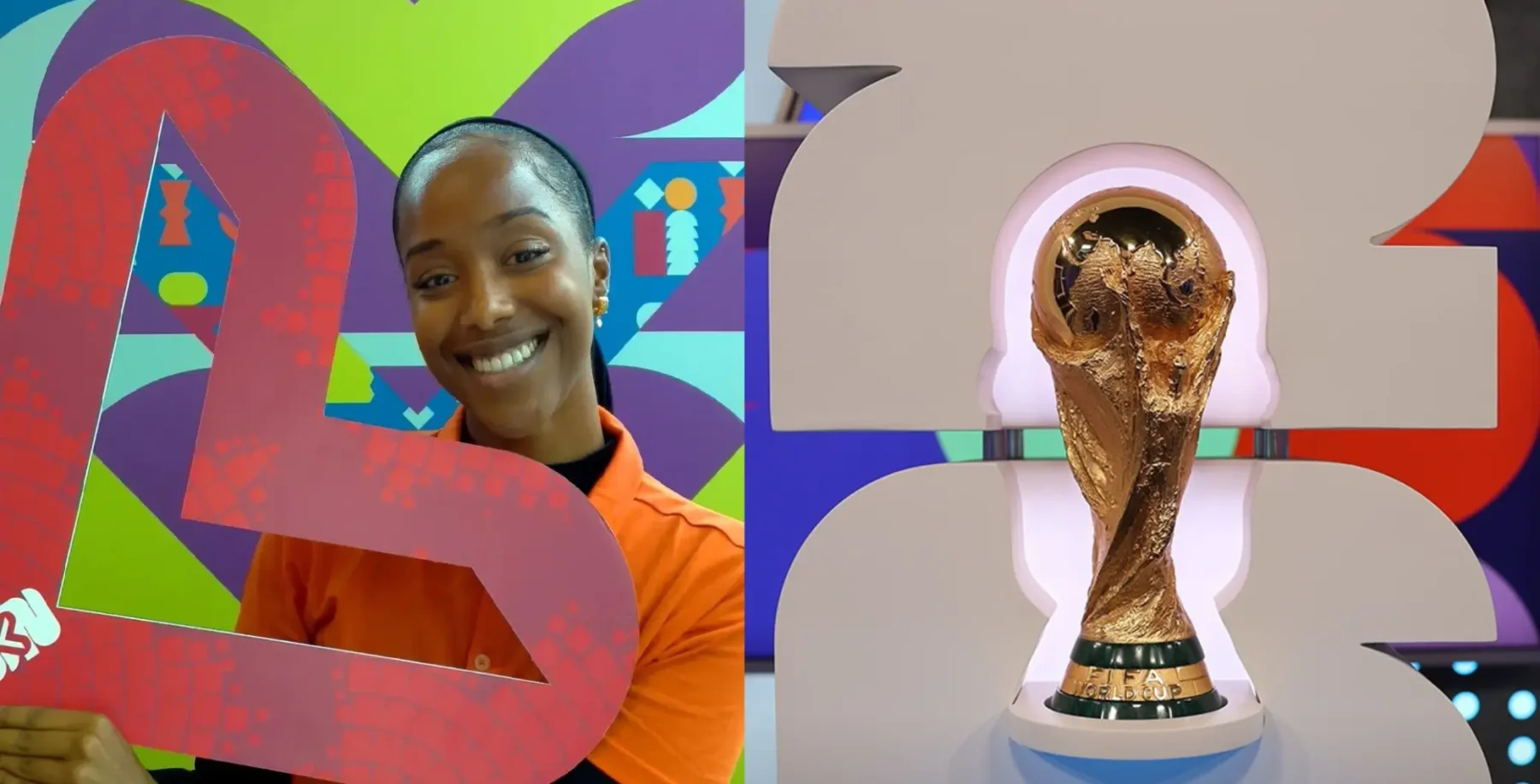 A vibrant image featuring a smiling woman holding a large red number 5 on a colorful abstract background, alongside a close-up of the FIFA World Cup trophy displayed in a modern setting.