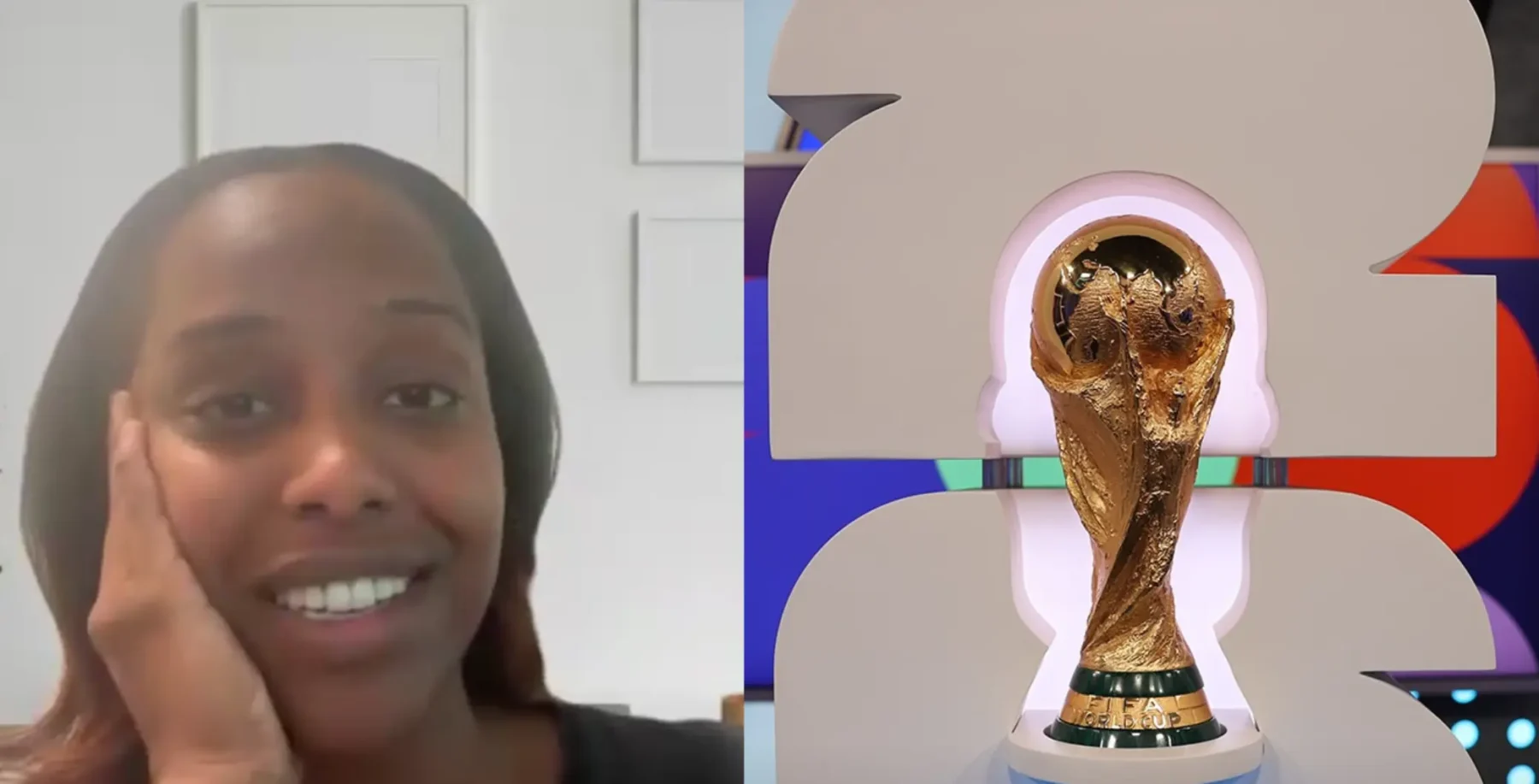 A woman with a surprised expression, holding her face, next to the FIFA World Cup trophy displayed on a colorful background.