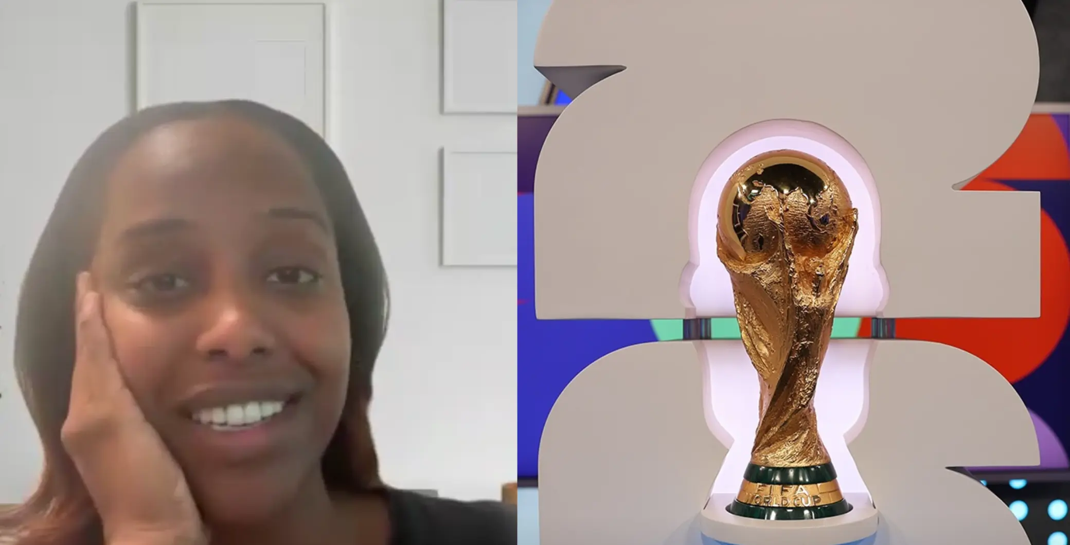 A woman with a surprised expression, holding her face, next to the FIFA World Cup trophy displayed on a colorful background.