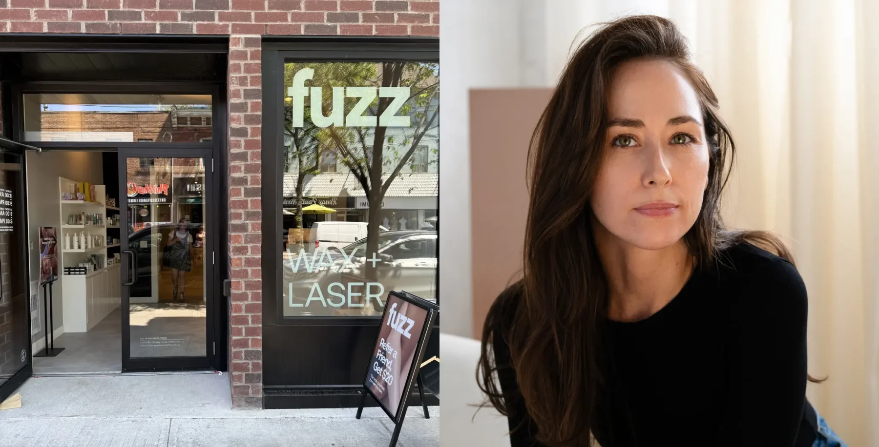 Modern Fuzz Laser Clinic storefront in Toronto with signage, offering laser hair removal and skincare services, featuring a welcoming entrance and outdoor promotional board.