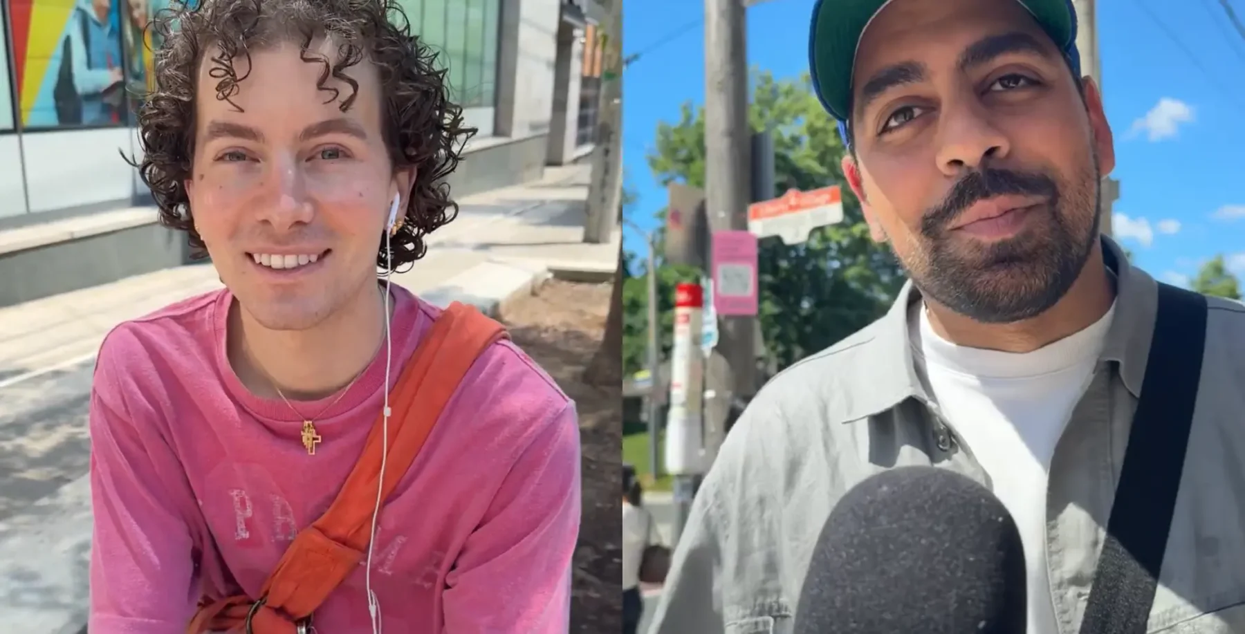 Two individuals outdoors in Toronto, one smiling woman with curly hair and a pink shirt, and a man with a beard and cap being interviewed.