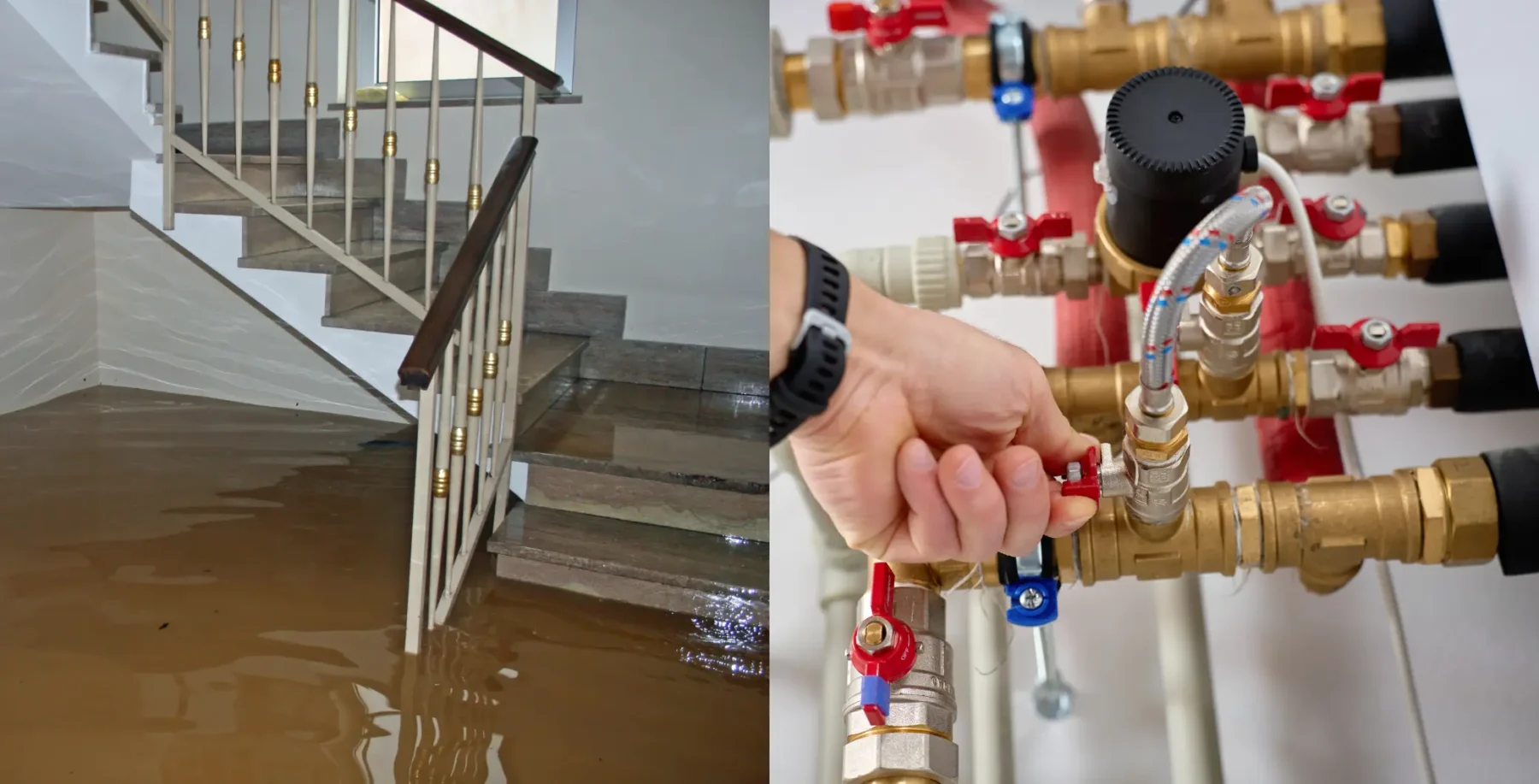Flooded staircase and plumbing system showing water damage and repair work in Toronto home.