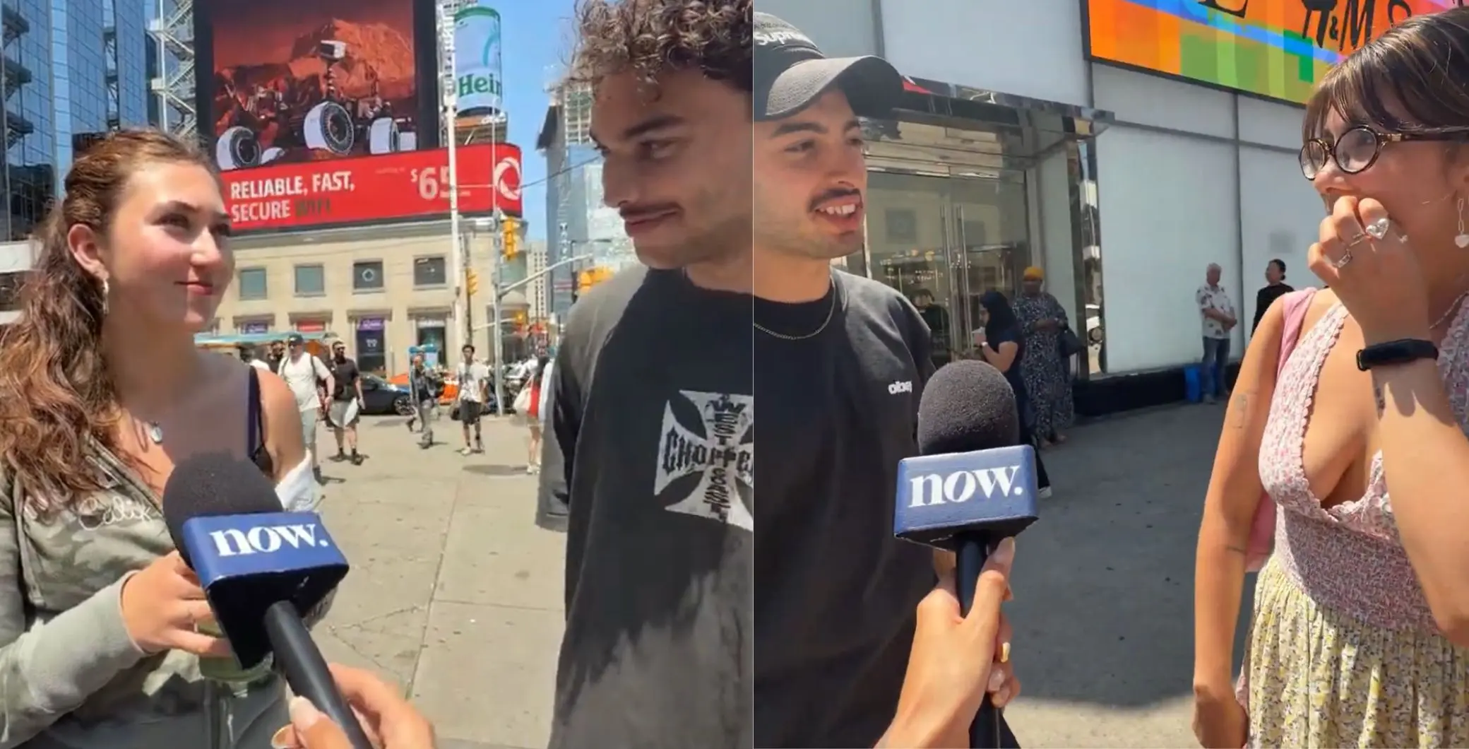Toronto couples share their stories about how they met, captured during a street interview in downtown Toronto with busy city background.