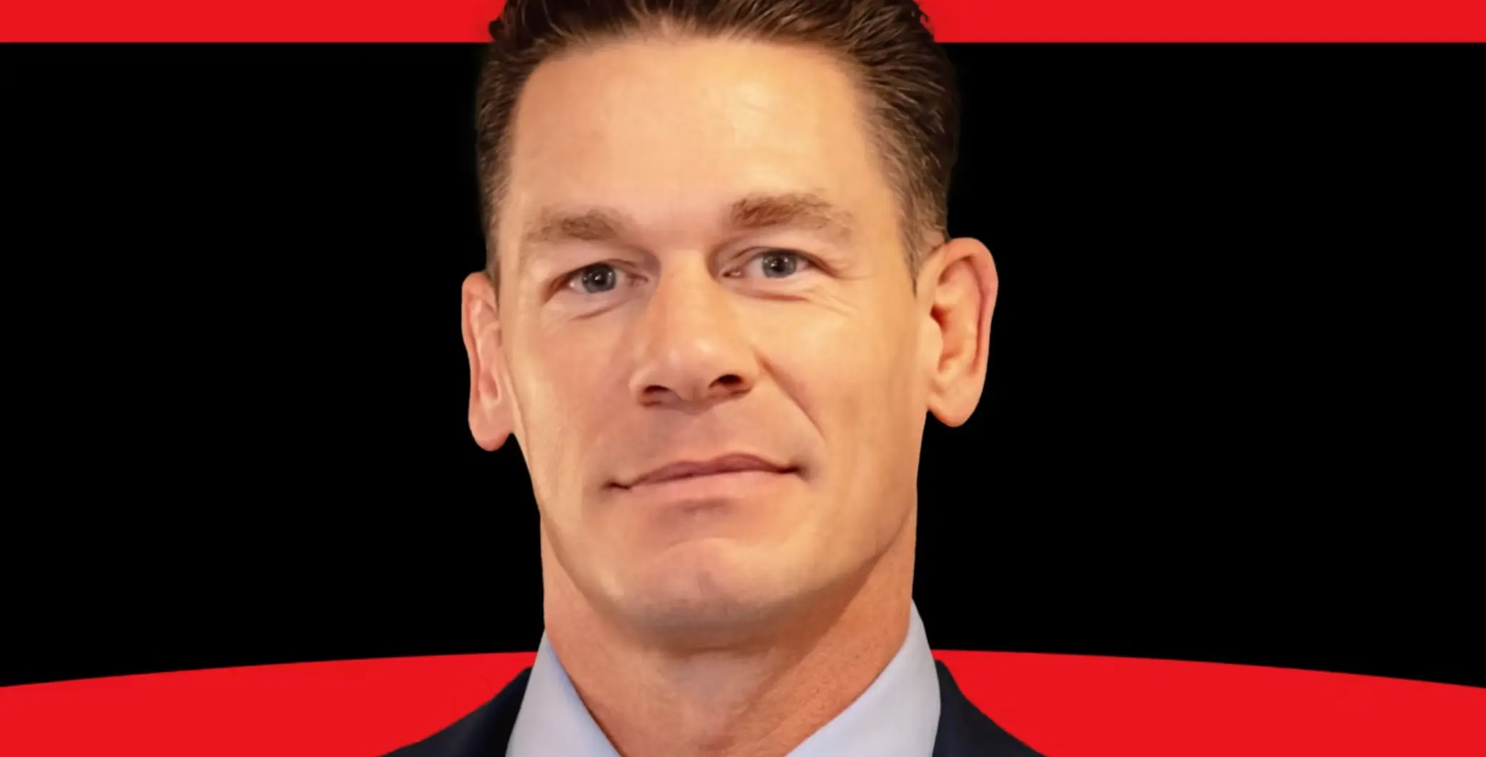 John Cena in a suit with a confident expression, set against a black and red background, promoting his appearance in Toronto this August.