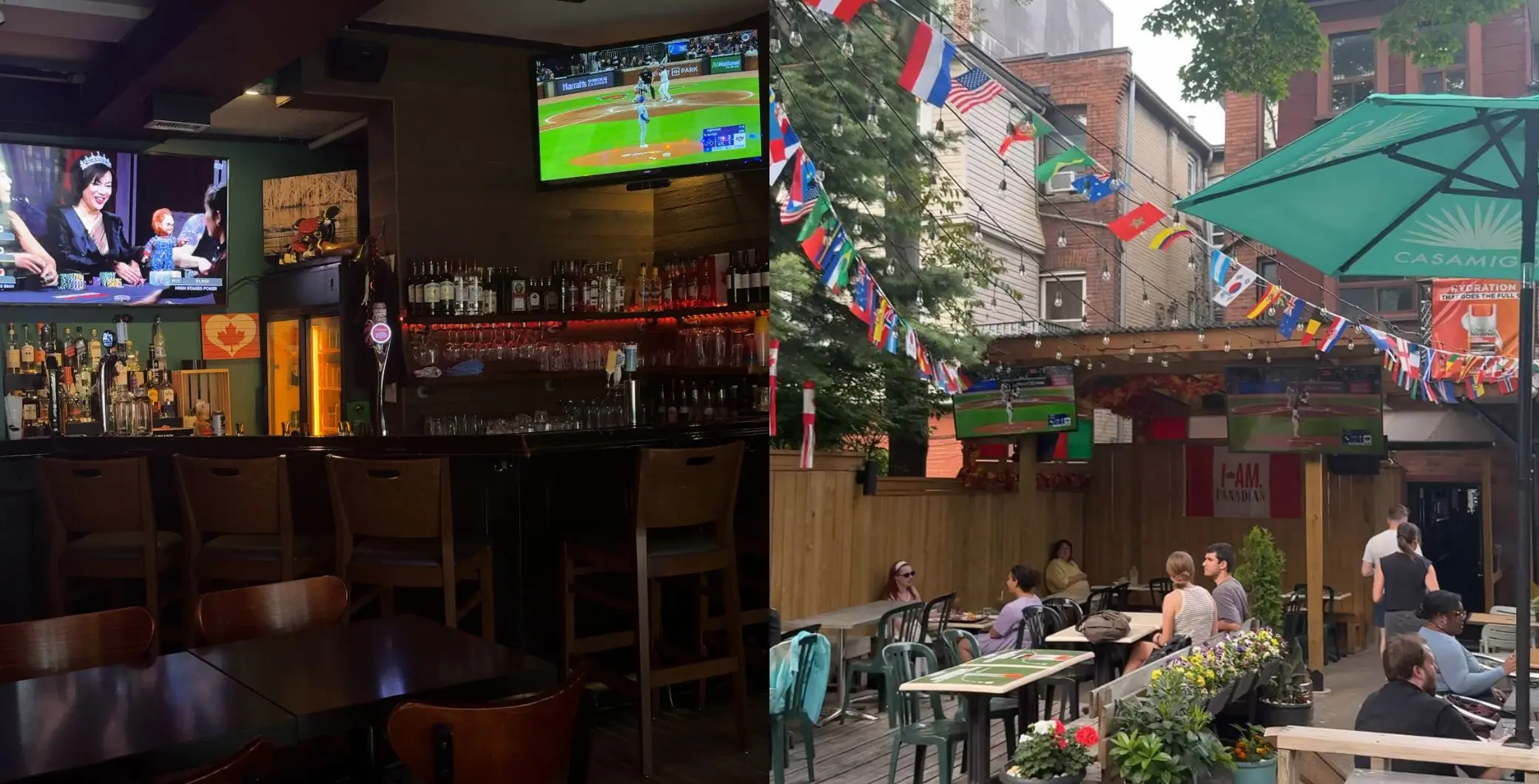 Enjoying outdoor dining and watching sports on a large TV at a lively Toronto patio bar decorated with colorful flags and umbrellas.