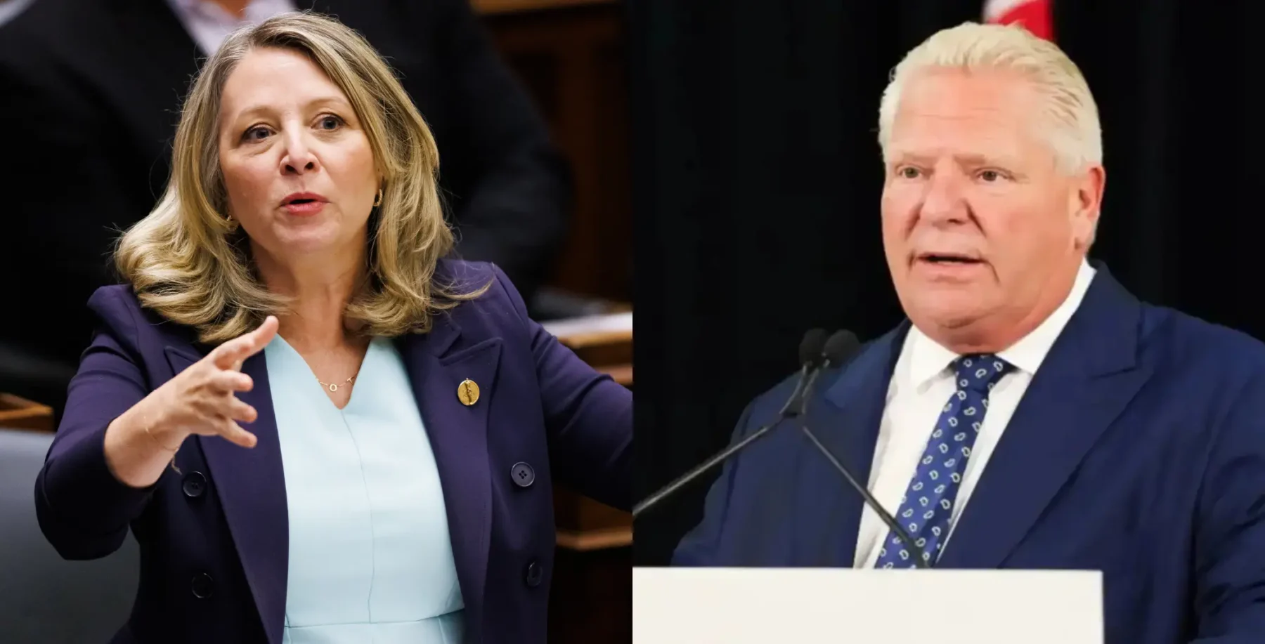 A woman and a man speaking at a formal event, engaged in discussion, with microphones in front of them, representing a political or governmental setting in Toronto.
