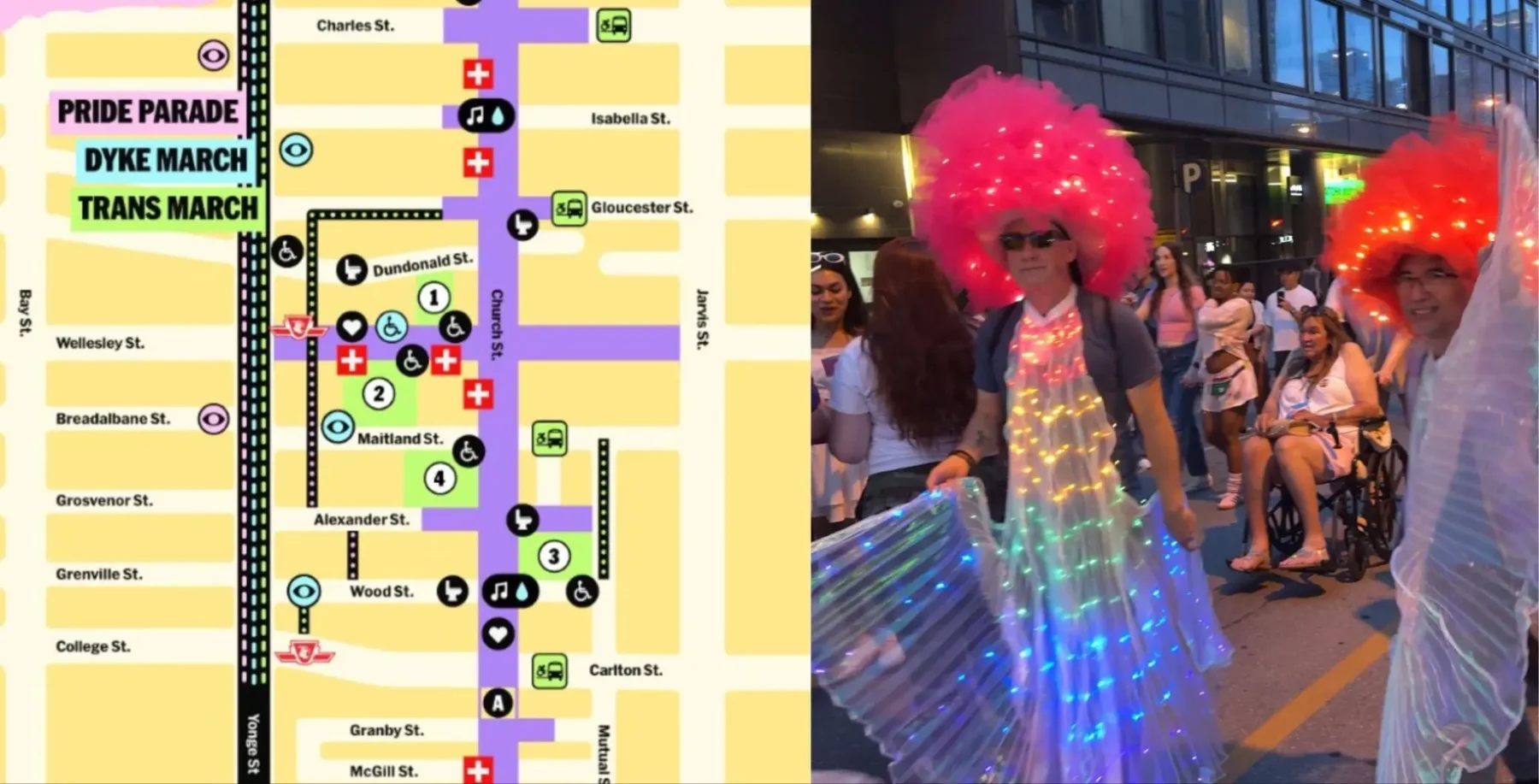People dressed in colorful, illuminated costumes at Toronto Pride parade, with a map of parade routes in the background, celebrating LGBTQ+ pride and community.